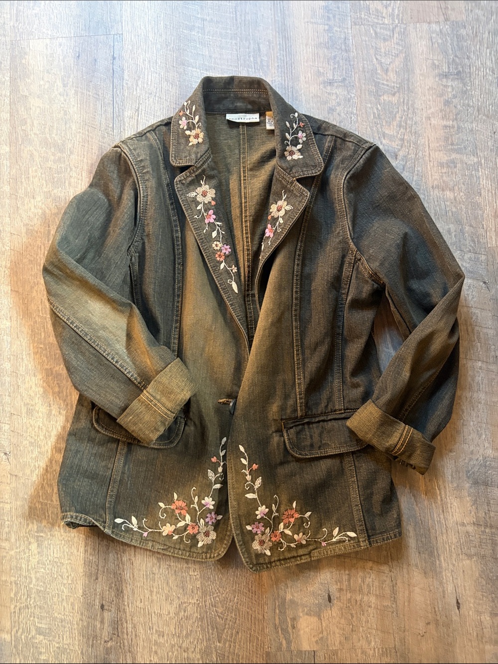 Apostrophe Brown Denim Blazer with Floral Embroidery - Size 10.